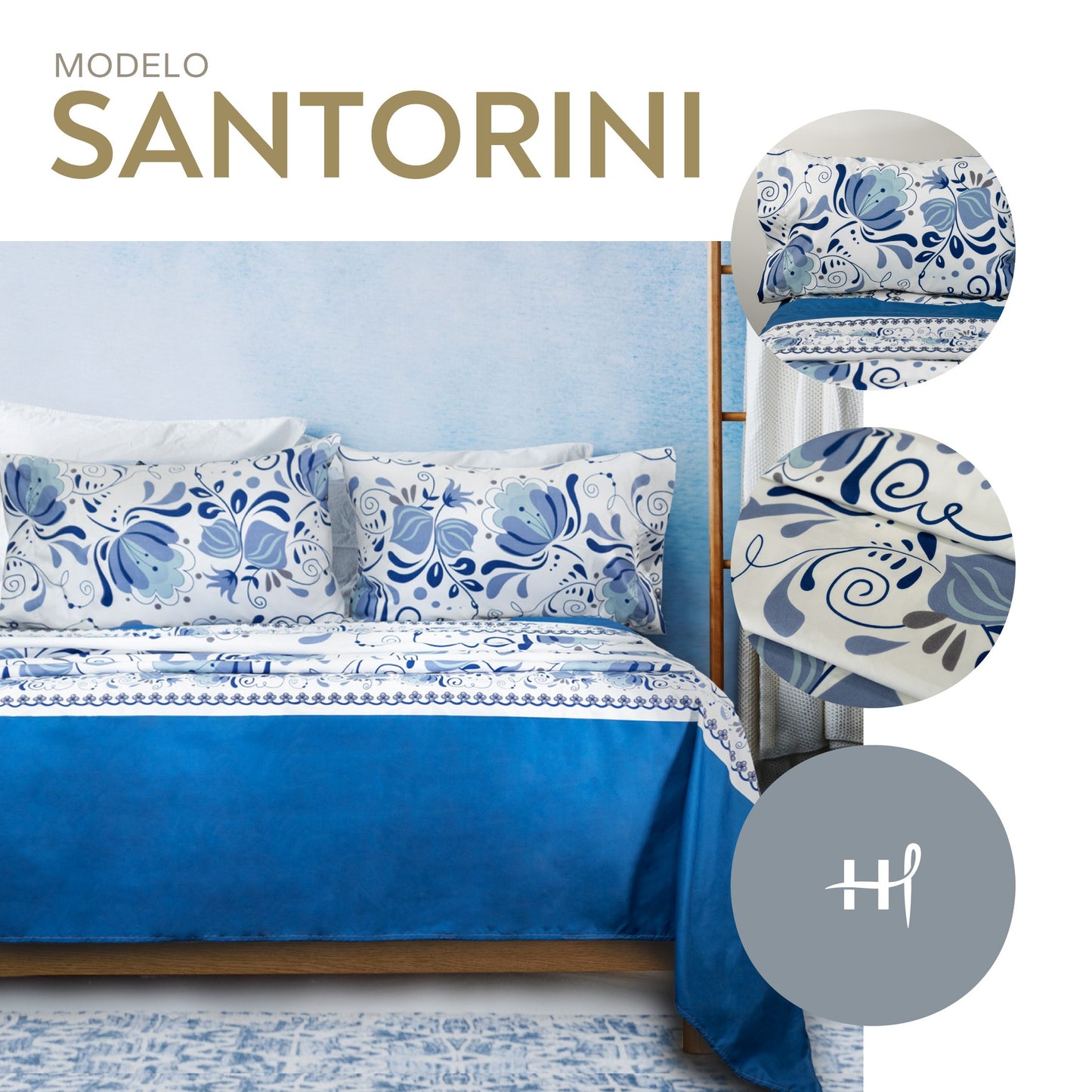 Sábana Estampada Santorini Microfibra Con 2 Fundas Decorativas Matrimonial y King Size